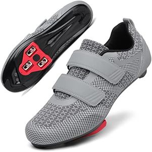 Unisex Road Bike Cycling Shoes Compatible with Peloton Shimano SPD Bike Riding Shoes for Men Women, 3 Straps, Pre-Installed Delta Cleats for Indoor Outdoor Cycling Biking Size 11 (Grey-Two)