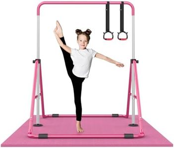 Nimsqury Foldable Gymnastics Bar, 5-Height Adjustable Gymnastic Bars for Kids at Home,Robust & Stable for Indoor/Outdoor Using,Weight Limit 140LBS (Pink with Mat)