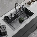 ARQUIN 24'' x 18'' x 10'' Waterfall Sink Integrated HONEYCOMB DESIGN 304 Grade With CLASSY BLACK MATT Finish Single Bowl Multifunction Kitchen Sink