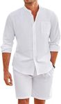 COOFANDY Men Linen Sets Outfits 2 Piece For Wedding Long Sleeve And Casual Elastic Waist Shorts Summer Outfits (White M