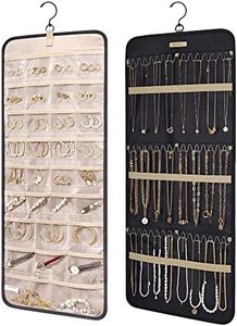 BAGSMART Hanging Jewelry Organizer Storage Roll with Hanger Metal Hooks Double-Sided Jewelry Holder for Earrings, Necklaces, Rings on Closet, Wall, Door, 1 piece, Large, Black