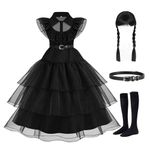 isswya Black Costumes for Girls School Rave Kids Dance Dress with Belt, Halloween Costume Cosplay Party 11-12Y