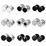 JeryWe 9Pairs Earrings Studs for Men Women Stainless Steel Round Silver Black Stud Earrings Fake Plug Stud Ears Screw Barbell Ear Plugs Faux Gauges Ear Tunnel 8MM