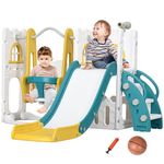 Qaba 6-in-1 Slide and Swing Set with Basketball Hoop, Climber, Baby Swing Set Indoor Playground with Storage Space, Telescope, for Aged 1-3 Years Old, Yellow