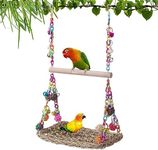 FrgKbTm Bird Swing Toys with Wood Perch, Seagrass Woven Parrot Platform Bird Climbing Hanging Hammock Bird Perch Stand Chewing Toy for Parakeets,Budgie, Conure, Cockatiel,Lovebird