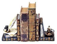 Bellaa 26324 Wizard Bookends Feather Quill Pen and Ink Bottle with Oil Lamp Antique Style