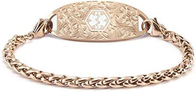 Hobkro Personalized Rose Gold Medical Alert ID Bracelet for Women with Free Engraving on Back Interchangeable