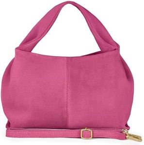 Italian Genuine Suede Shoulder Bag for Women with Sculpted Top Handle & Detachable Strap | Medium Designer Handbag (Fuchsia)