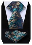 HISDERN Floral Paisley Wedding Tie Handkerchief Men's Necktie & Pocket Square Set, One Size, Green / Gold