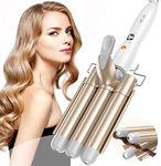 Three Barrel Hair Waver 25MM Big Wave Hair Curling Iron Wand with Two Speed Temperature Control, Ceramic Tourmaline Triple Barrels, Dual Voltage Crimp, Gold