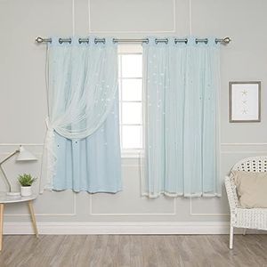Best Home Fashion Set of 2 Tulle Overlay Star Cut Out Silver Grommet Curtains for Bedroom, Living Room, Kids Room, Sun Blocking Thermal Insulated Blackout Window Curtains (52" W x 63" L, SkyBlue)