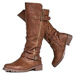 RF ROOM OF FASHION Women's Athletic Wide Calf Lug Sole Knee High Riding Boots w Hidden Pocket, Brown Pu (16"-18" Wide Calf), 8.5