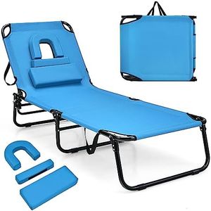Giantex Reclining Camping Lounger Chair w/5 Adjustable Positions, Convenient Face Hole, 3 Detachable Pillow & Hand Ropes, Outdoor Foldable Sun Lounger Bed for Beach Patio Poolside & Lawn (Blue)
