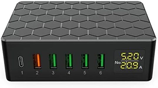 Cargador USB de 6 Puertos de 65 W, Estación de Carga USB Múltiple con Pantalla LED y Puerto de Carga Rápida QC3.0 de 18 W y Tipo C de 20 W, Fuente de Alimentación USB para Móviles,iPad, etc.