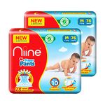 Niine Baby Diaper Pants, Medium(M) Size (7-12 Kg) | 156 Count, Pack of 2| With Diaper Change Indicator| Faster Absorption |Up to 10 Hours Protection| Anti-Rash Diapers