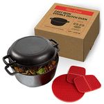 Uno Casa Cast Iron Dutch Oven with Lid - 2 in 1 Camping Set, Pre-Seasoned 5 Quart Pot and 1.6 Quart Pan - 2 Silicone Handle Covers and a Silicone Trivet Mat Included