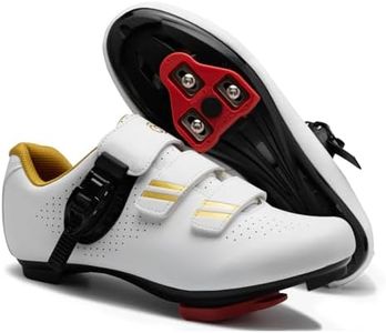 Cycling Shoes for Men Women Compatible with Peloton Bike, Indoor Spin Shoes with Pre-Installed Delta Cleats, Comfortable & Safe Unisex Outdoor Road Cycling Shoes, Gold+white, 14.5 Women/12.5 Men