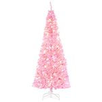 HOMCOM 6FT Tall Prelit Pencil Slim Artificial Christmas Tree with Realistic Branches, Warm White LED Lights and Tips, Xmas Decoration, Pink