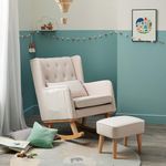 Babymore Pure Comfort Lux Nursing Chair with Footstool - Gentle Rocking Chair, Convertible Wing Chair having Storage Pockets with Chic Fabric & High-Density Padding Included Lumbar Cushion (Cream)