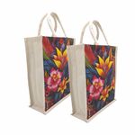 Sangra Canvas Reusable Bags for School, College, Lunch Bag for Office for Men and Women, Grocery Shopping Bag, Multi-Purpose Bag, Sturdy Handle With Zipper Lock (Pack of Two) (Dark colour Flower)