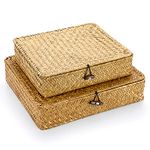 BTSKY Set of 2 Woven Storage Baskets with Lid, Retro Straw Storage Organizer for Home/Office Supplies Such as Towels, Clothing, Cosmetics and Letters (Caramels)