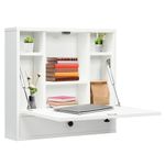 CASART Wall Mounted Computer Desk, 2-in-1 Drop-leaf Table Wall Cabinet with Storage Shelves & Drawer, Floating Laptop Desk Folding Table for Home Office Bedroom Kitchen (60x15x57cm, White)