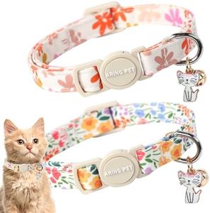 ARING PET 2 Pack Cat Collars-Cute Breakaway Cat Collar with Bell & Pendant, Adjustable Floral Pattern Female Kitten Collars with Safety Buckle for Girl and Boy Cats