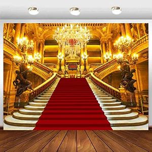 Sensfun Red Carpet Palace Backdrop for Photography Royal Golden Castle Gorgeous European Hall Party Background Vinyl Red Stage Backdrops for Prom Wedding Birthday Decoration Photo Booth Props 7x5ft