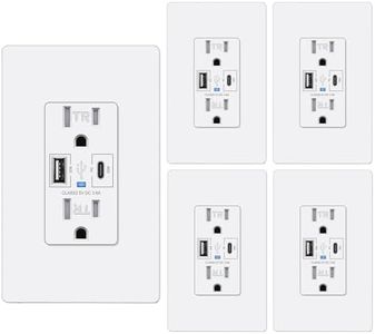 BESTTEN 30W PD 3.0 USB C Wall Outlet, 15 Amp Tamper-Resistant Receptacle Outlet with Type C & Type A Ports, Quick Charging Electrical Outlet, Screwless Wallplate Included, cUL Listed, White, 5 Pack