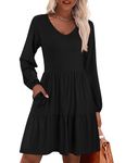 Hotouch Womens Casual V Neck Dress Cotton Swing Dress Long Lantern Sleeve Tunic Dress with Pockets Women Ruffle Hem Flowy Dress Black X-Large