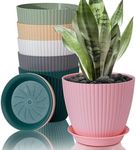FORAGIFT 15cm Plant Pots Indoor, 6 Pack Stripe Grooves Plastic Flower Pots with Drainage Holes and Tray, Modern Decorative Planter Pot for All House Plants, Colourful