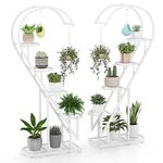 COSTWAY 5-Tier Tall Plant Stand, 2-Pack Heart-shaped Ladder Plant Shelf with Hanging Hooks and Adjustable Foot Pads, Indoor Outdoor Metal Display Pot Holder for Balcony Garden Patio (White)
