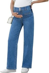 BLENCOT Maternity Jeans Trendy High Rise Adjustable Stretchy Friendly Casual Pregnancy Loose Fit Wide Leg Boyfriend Denim Pants All Trimester Medium Dark Blue