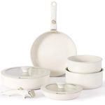 Vkoocy pot and pan set with removable handle, Nonstick Cookware Set Detachable Handle, Induction Kitchen Camping Stackable Pots Pans, Dishwasher/Oven Safe, Cream