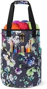 PAVILIA Knitting Bag Yarn Storage Tote - Crochet Organizer Bag, Yarn Storage Holder for Knitting Accessories, Yarn Skiens, Needles, Hooks, Unfinished Project, with Grommets (Floral Gray)