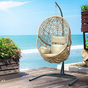 Gardeon Outdoor Egg Swing Chair Rattan Yellow Garden Bench Hanging Seat, Patio Baconly Furniture Chairs, with Cushions Stand Wicker Basket Water Resistant 150kg Capacity