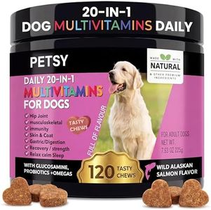 PETSY Multivitamin for Dogs – 20-in-1 Dog Multivitamin Chews with Probiotics, Glucosamine & Chondroitin with Salmon Oil, Biotin & Folic Acid | Joint, Gut, Skin & Immune Support | Natural Treats
