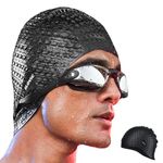 SLOVIC Black Embossed Swimming Caps for Men and Women with Long Hair | Waterproof Cap for Swimming Silicone | Free-Size for Great Fit | No Hair Pulling | Prevents Chemical Damage