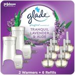 Glade PlugIns Refills Air Freshener Starter Kit, Scented and Essential Oils for Home and Bathroom, Tranquil Lavender & Aloe, 4.02 Fl Oz, 2 Warmers + 6 Refills