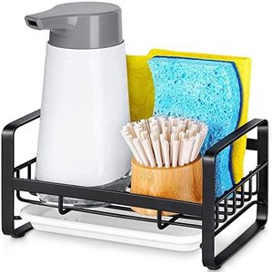 Kitchen Sink Sponge Holder, 304 Stainless Steel Kitchen Soap Dispenser Caddy Organizer, Countertop Soap Dish Rack Drainer with Removable Drain Tray, not Including Dispenser and Brush, Black