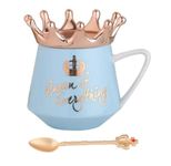 NYRWANA Queen of Everything Coffee Mug, Birthday Gift for Women, Diwali Gifts, Birthday Gift for Girls, Coffee Mug with Lid, Wedding Gift, Ceramic Coffee Mug with Golden Crown & Spoon (350ml-Sky Blue)