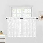 DWCN White Sheer Rod Pocket Curtains - Window Voile Floral Lace Drapes for Bedroom Kitchen Short Curtains 42 x 36 inch Length, Set of 2 Curtain Panels