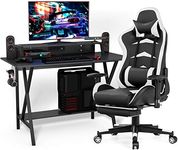 Tangkula Gaming Desk and Chair Set, E-Sport Gamer Desk & Racing Chair Set, w/Monitor Stand, Cup Holder, Earphone Hook, Seat Height Adjustment, Reclining Backrest & Footrest, Gaming Recliner Desk Set