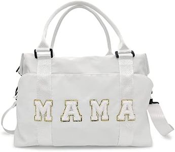 Chenille Letter Duffle Bag, Mama Bag With Patches, Nylon Chenille Letter Embroidered Travel Bag, Lightweight Adjustable Mom Hospital Bag With Zipper for Mothers Day Gifts, White