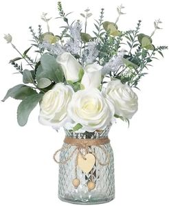 Floralsecret Faux Flowers with Vase Artificial White Rose Flowers in Vase Fake Eucalyptus Plant Floral Arrangement for Table Centerpieces, Home Kitchen Office Coffee Shop Decorations