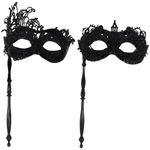 2Pcs Mysterious Masquerade Masks with Stick, Black Masquerade Masks with Lace, Venetian Eye Mask for Women and Man, Mardi Gras Party Mask, Venetian Party Mask for Cosplay Prom Halloween Carnival