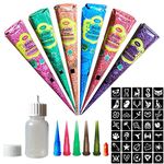 6 Pack Temporary Tattoo Kit COKOHAPPY India Painting Tattoo Paste Cone, Indian Body Art Painting Drawing, Multi-Color Body-Painted Stickers DIY Tattoos 35 Free Stencil for Kids Adults