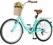 DWVO Beach Cruiser Bike for Women, 24 & 26 Inch Womens Bike with Adjustable Seat, 1&7-Speed Comfort Bicycle for Adults City Commuter with Built-in Lock & Wicker Basket, Multiple Color
