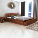TG Furniture Sheesham Wood Diamond Queen Size Bed with Half Box and Front Trolly Storage for Bedroom Living Room Wooden Palang Double Bed Furniture (Natural Finish)