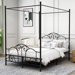 AUFANK Full Size Four-Poster Metal Canopy Bed Frame with Headboard and Footboard Sturdy Slatted Structure No Box Spring Needed Black